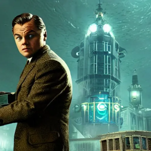 Image similar to cinematic photo of andrew ryan, portrayed by leonardo dicaprio, in a new live - action bioshock movie. the underwater city of rapture is seen shining in the background