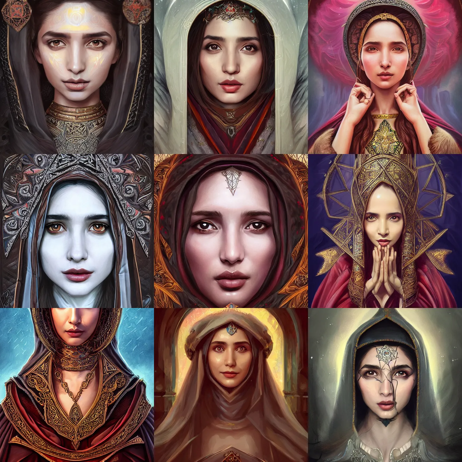 Image similar to head-on symmetrical centered painted portrait, Mahira Khan as a D&D wizard, medieval robes, fantasy, intricate, elegant, highly detailed, digital painting, smooth, sharp focus, illustration, artstation, in the style of Artgerm and Anna Podedworna and Alex Ross