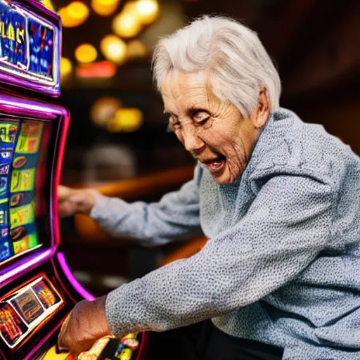 Prompt: an elderly person playing with a slot machine