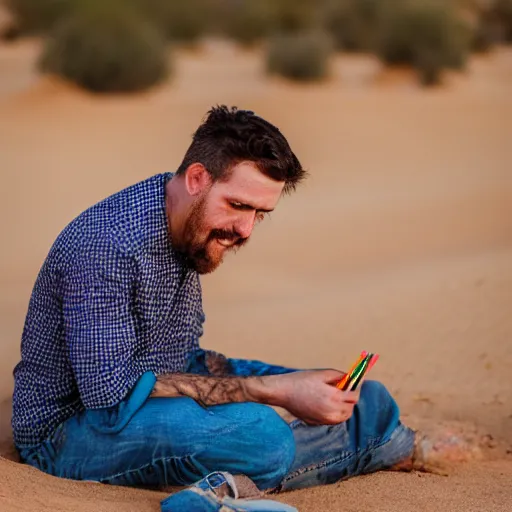 Prompt: portrait of a man in cameo sitting in the desert eating some delicious crayons, beautiful composition, 5 0 mm f 1. 8, ambient light