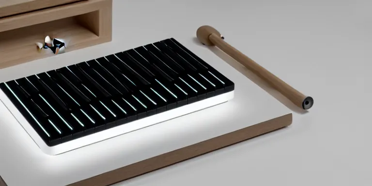 Prompt: dezeen showroom , minimalissimo, archdaily, , teenage engineering moad, mother of all decks, product design concept,product shot of moog melotron synthesizer with ipad connected designed by jony ives, dieter rams, 8k, highly detailed photo