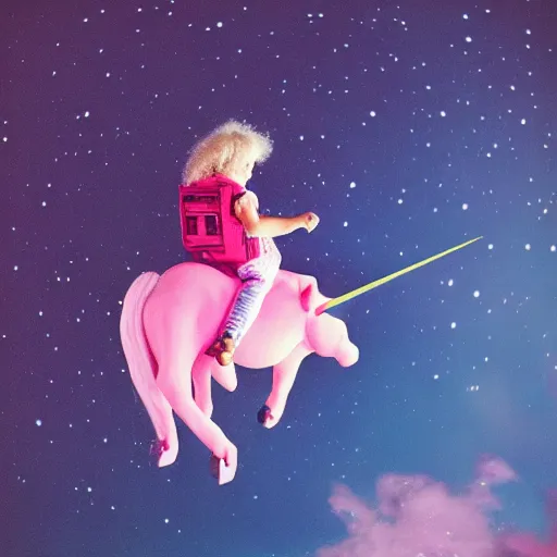 Image similar to lil pump riding a pink unicorn in space, cinestill 8 0 0 t, award winning photograph