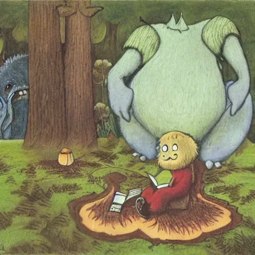 Image similar to monster reading a book in a forest, where the wild things are, bicycle, log, oil on canvas, calm, maurice sendak