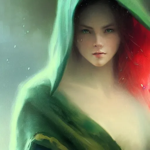 Image similar to epic portrait an beautiful woman wearing green cape with a hood on, armor, goddess, wet flowing red hair, forest blurry backround, broad light, ambient occlusion, volumetric light effect, made by ivan aivazovsky, peter mohrbacher, greg rutkowski, matte painting, trending on artstation, 4 k, perfectly defined features, digital painting,