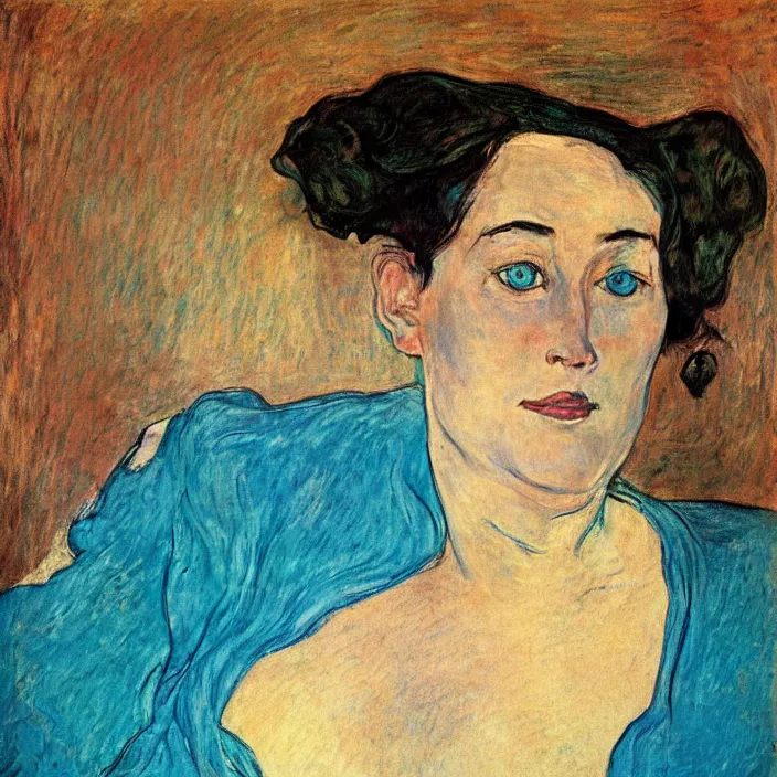 Prompt: portrait of a island woman. indigo blue, turquoise. henri de toulouse - lautrec, ferdand hodler, egon schiele, gauguin, kathe kollwitz