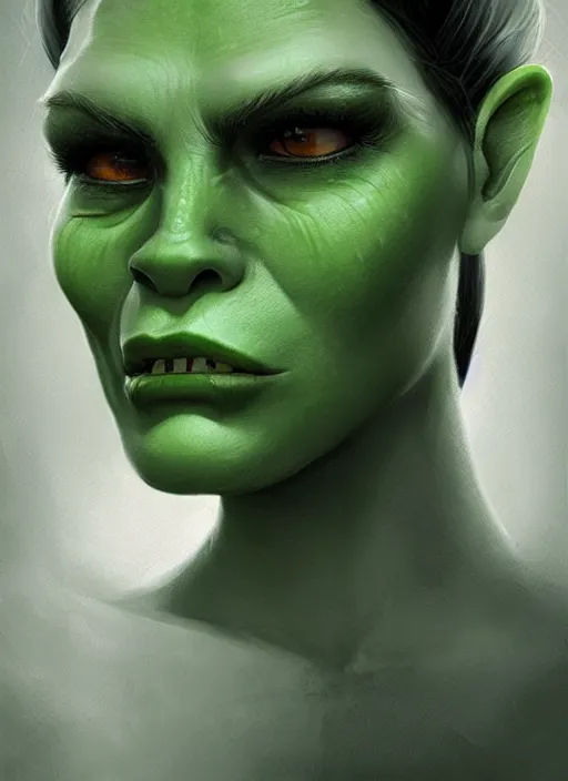 Image similar to green orc female, light green tone beautiful face by anton semenov, charlie bowater