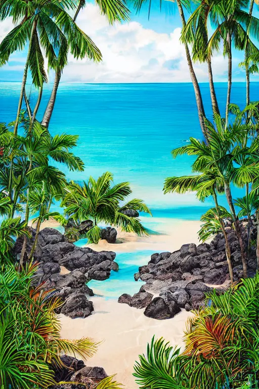 Prompt: beckoning palms lean over crystal clear water laid back hawaiian beach summer style by scott westmoreland