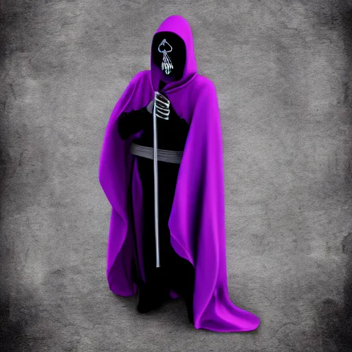 Image similar to grim reaper, purple cloak, full body, scythe