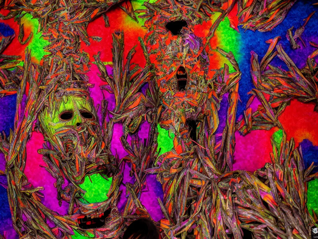 Prompt: a portrait of a beautiful colorful ( flesh - eating ) yamazaku wearing a terrifying mask and covered in rainbow fur, the ground is covered in maggots, seen from a fractal kaleidoscope, schizophrenic hallucination, fear, morbid, nightmare, supernatural, 8 k, hd photography, highly detailed, chiaroscuro, terrifying