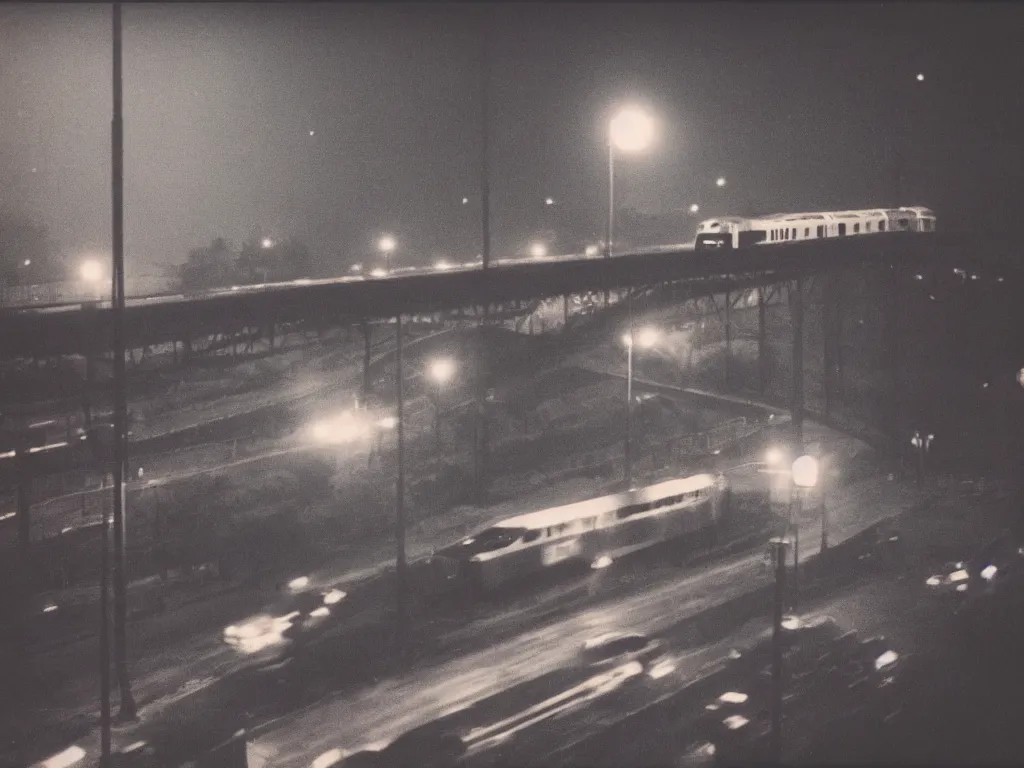 Image similar to 8 0 s polaroid photo, cinema still, train going over bridge at night while bright city is in the background, haze, americana, 8 k resolution, hyperrealistic, photorealistic, high definition, highly detailed, tehnicolor, award - winning photography, masterpiece