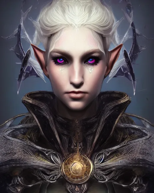 Image similar to portrait of a beautiful female elf with shimmering hair, symmetrical face and eyes, cgsociety, Elden Ring, Dark Souls, Bloodborne