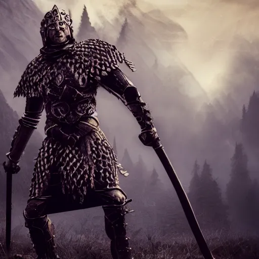 Prompt: full - body - portrait photo brutal nordic warrior, wearing intricate steel armor, holding magical fiery battle - axe, sharp focus, highland landscape with few trees background, magical aura, heroic pose, fantasy style, octane render, volumetric lighting, 8 k high definition, highly detailed, trending on artstation, centered