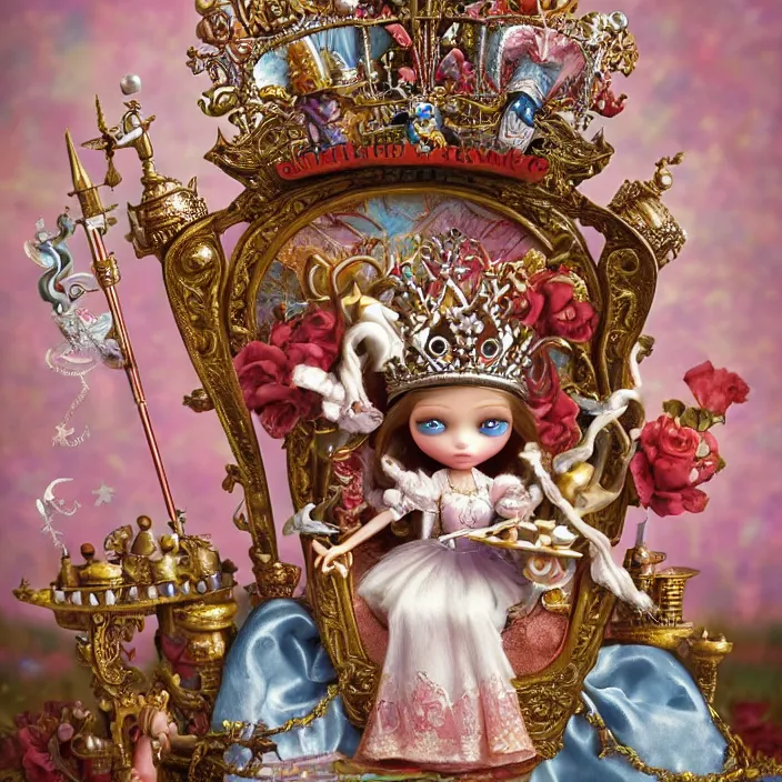 Image similar to highly detailed closeup, portrait of a tin toy fairytale princess sitting on a throne wearing a crown eating cakes, unreal engine, nicoletta ceccoli, mark ryden, earl norem, lostfish, global illumination, detailed and intricate environment