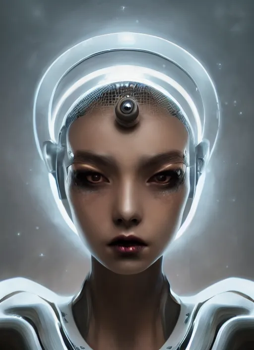 Image similar to beautiful portrait of an alien cyborg, style of Feng Zhu, Artstation geometric, aesthetic, big eyes, smooth skin, gothic make up, unique features, symmetrical, intricate crown, high fashion, streetwear, cyberpunk, detailed, octane render, cinematic, 8k, brown skin, retro sci fi film,