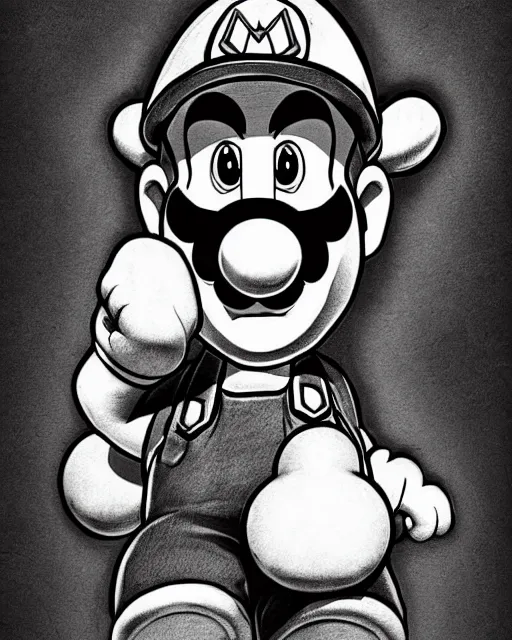 Image similar to mario with mushrooms, hyper realism, fine details, deviantart artstation, extremely detailed, black and white, very sharp, in the style of albrecht durer