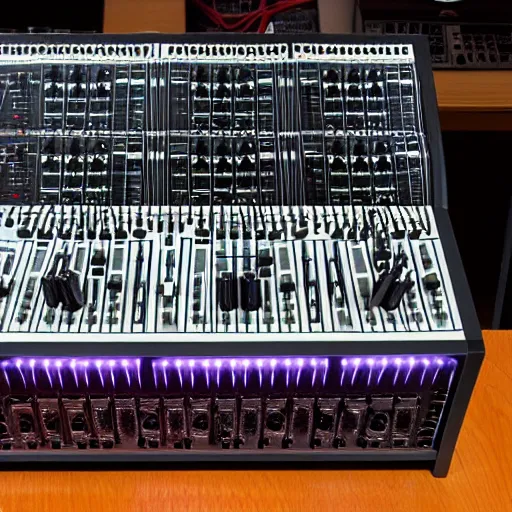 Prompt: moog system 100 modular synth with tentacles instead of wires