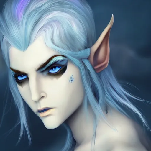 Image similar to the frightening archfey called'the prince of frost ', fantasy, white hair, blue skin, wild eyebrows, young adult, elf, crown, hard edges, soft lighting, professional lighting, trending on artstation