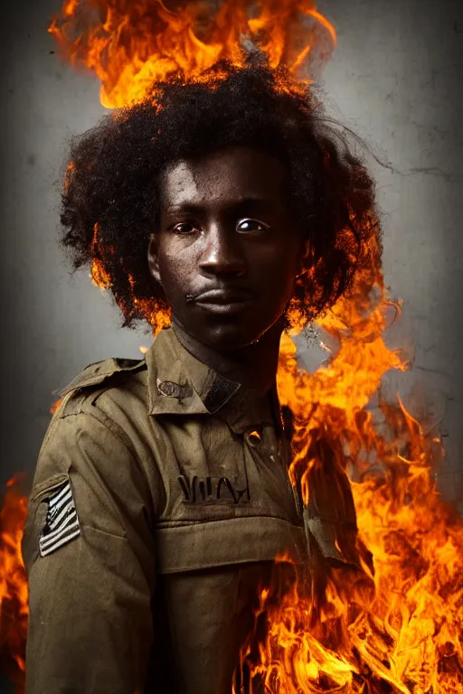 Prompt: portrait of a lost black soldier with long curly hair, with eyes of sorrow standing Infront of a burning building. Realism. V-Ray. 8K. Photography. Sad. Moody. Emotional.