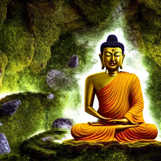 Image similar to a buddha meditating in a dreamy cave and overlooking a vast plain, mossy rocks, a sky full of stars background, 4 k, hyper realistic, in he style of national geographic, coherent design, symmetrical, vivid colour, complementary colour, golden ratio, detailed, sharp lines, intricate, rainbow shift, in unreal 3 d engine, ray tracing, octane render