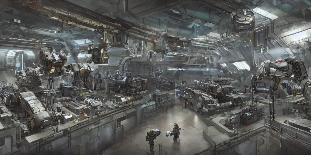 Prompt: a sci-fi factory where they make robots for the military, art, high detail, high definition, 8k,