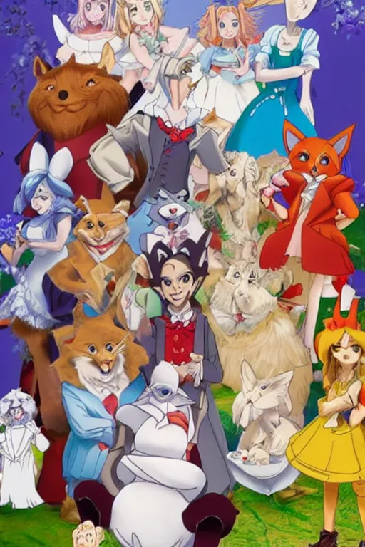 Prompt: Promotional poster from the new Alice in Wonderland anime remake where all the characters are anthropomorphic animals dressed in human clothes. Alice is in the foreground. Layered multiple character pose