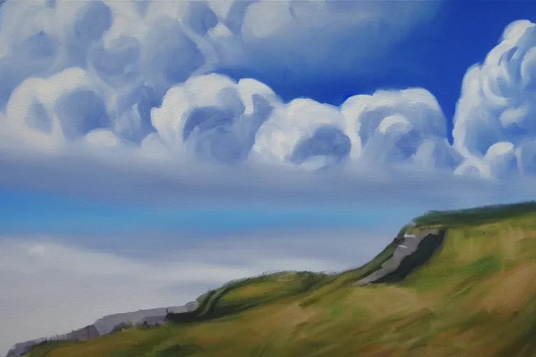 Prompt: The Cliffs of Dover, blue skies, cumulonimbus clouds, acrylic painting, trending on artstation