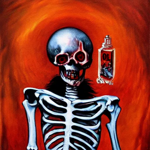 Prompt: skeleton with blood coming out of its eyes, horror art, oil painting