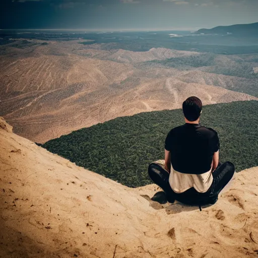 Image similar to man sitting on top peak mountain cliff looking at huge sand tornado