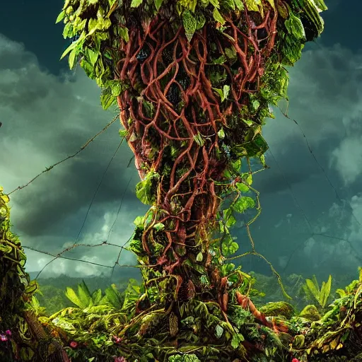 Prompt: Giant Mother Nature made of vines and leaves and a crown made of flowers towering over a tropical island, Dramatic Lighting, Trending on Artstation HQ, 4K, UHD.