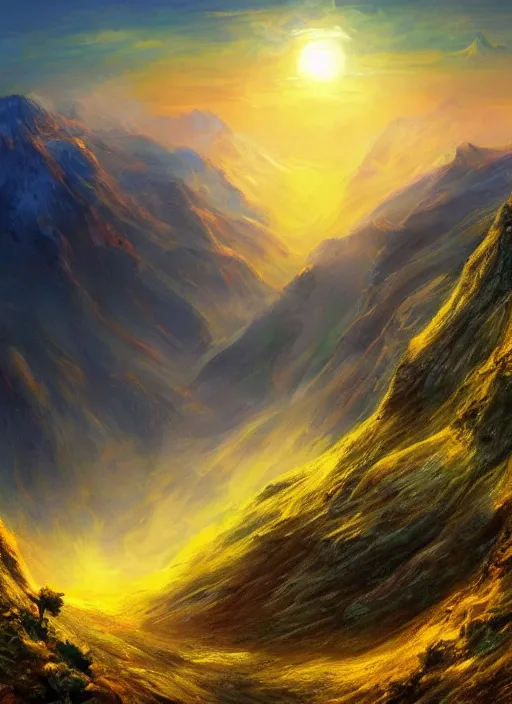 Image similar to a beautiful concept art painting of a sunrise on a peruvian mountain, beautiful lighting, fantasy art