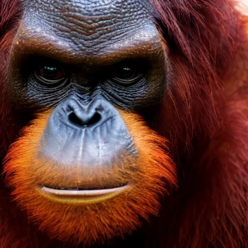 Image similar to demonic balrog orangutan, close up of face, uh oh stinky