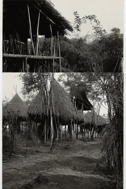 Image similar to long and tall organic houses, village, jungle, black and white photography, year 1 9 0 0