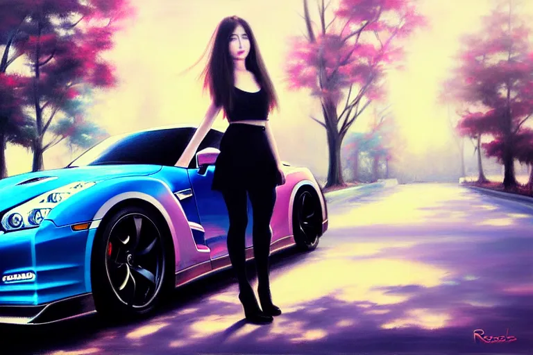 Image similar to A ultradetailed beautiful panting of a stylish girl standing in front of a Nissan GTR, Oil painting, by RossDraws