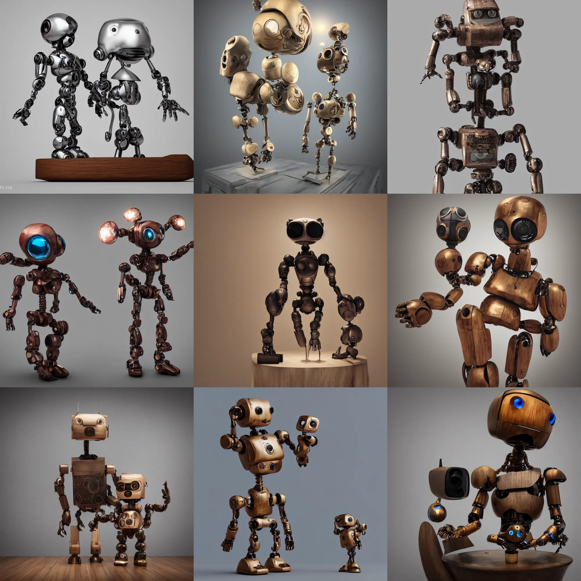 Prompt: 3 d, octane render, ultra, 8 k, photorealistic, a wooden sculpture, art toys, on a pedestal, a very cute mystical robot, concept art artwork masterpiece, in a contemporary art gallerie