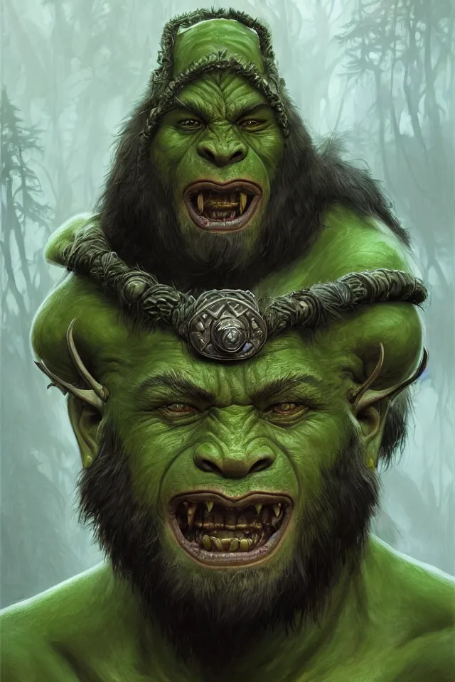 Image similar to portrait of a druidic green mountain orc, looking at camera, d & d, savage warrior, fur attire, aztec hair, large noses, intricate, fantasy, extremely detailed, digital painting, artstation, concept art, smooth, sharp focus, illustration, ambient lighting, art by artgerm and greg rutkowski and alphonse mucha and simon stalenhag