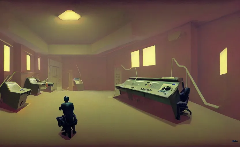 Prompt: Inside secret government bunker room with computers, highly detailed, very coherent, painted by Francis Bacon and Edward Hopper, Wayne Barlowe, painted by James Gilleard, surrealism, airbrush, art by JamesJean