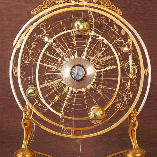 Image similar to a well - lit photo of an intricate steel filigree art nouveau orrery on a wooden table, beautiful, detailed, flowing curves, with colored marble planets and a golden sun