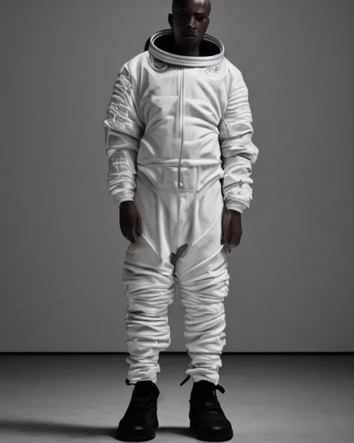 Prompt: Yeezy designed space suit, model, studio photography, clothing drop, unreleased, Yzy, YZY GAP, Balenciaga, minimalist, dystopian feel