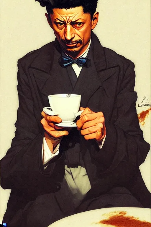 Prompt: attractive 2 1 savage drinking coffee, painting by j. c. leyendecker, yoji shinkawa, katayama bokuyo