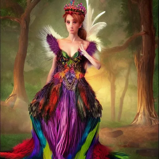 Prompt: Queen of the fae holding court while wearing a sleeveless feathered gown, powerful, intricate, hyper realism, colorful, 4k