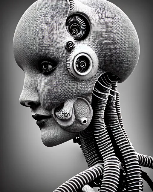 Image similar to mythical black and white organic biomechanical spinal ribbed face portrait detail of mechanical beautiful female vegetal-cyborg, highly detailed, intricate ornate, poetic, 3D render, digital art, octane render, 8K artistic photography, photo-realistic, by Man Ray