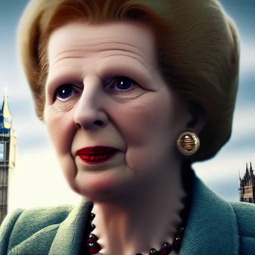 Prompt: Margaret Thatcher with hulk's body, realistic artstyle, wide shot, dramatic lighting, octane render, hyperrealistic, high quality, highly detailed, HD, beautiful, cinematic, 8k, unreal engine, facial accuracy, symmetrical