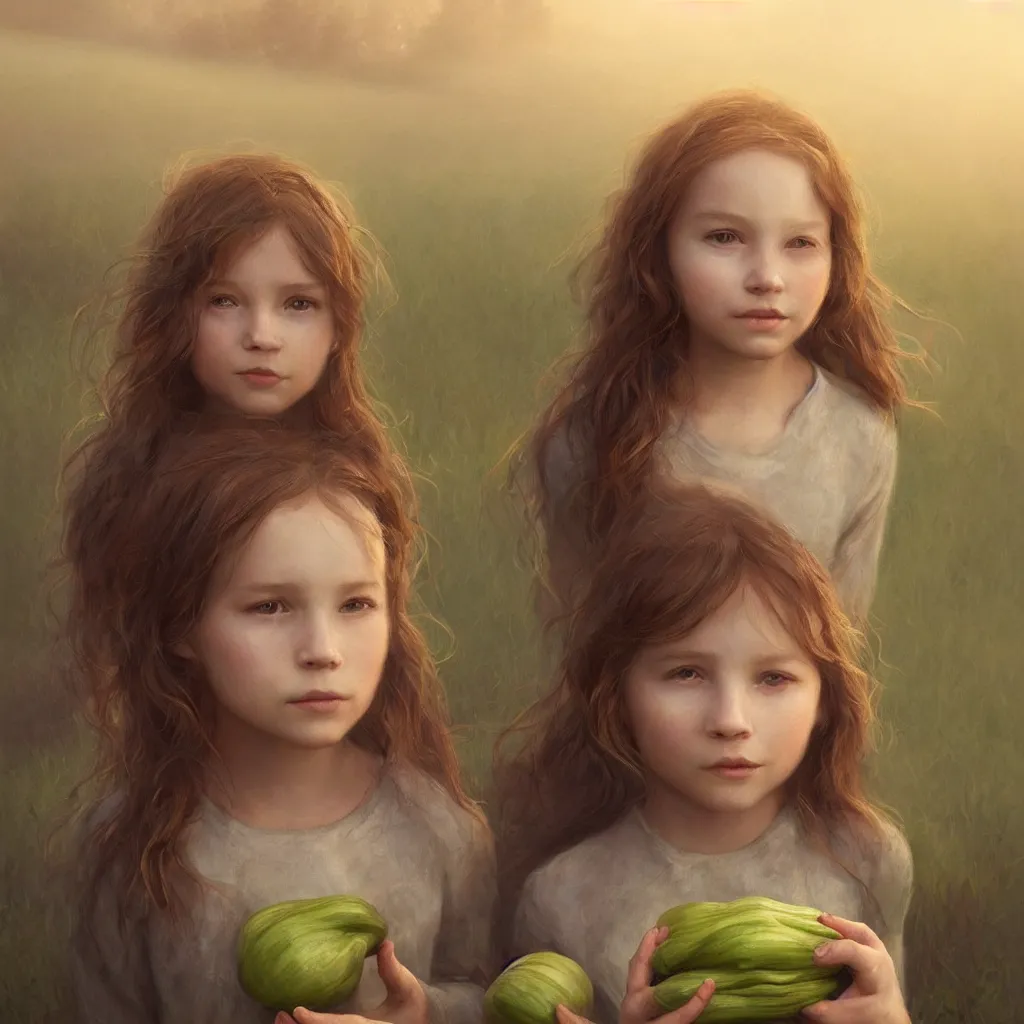 Prompt: Beautiful aesthetically pleasing single female child portrait, face centered portrait, ((only one face)) Confident holding vegetables, lush farm lands, fog, volumetric lighting beautiful, golden hour, sharp focus, ultra detailed, conceptartworld by Leesha Hannigan, Ross Tran, Thierry Doizon, Kai Carpenter, Ignacio Fernández Ríos