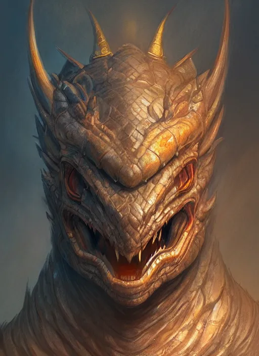 Prompt: portrait of an angry faitytale dragon the armor, beautiful face, hyper realistic, highly detailed, digital painting, artstation, illustration, concept art by hyung tae and frank frazetta, digital paint, matte paint, washed colors, eating cakes, dark, gloomy, foggy
