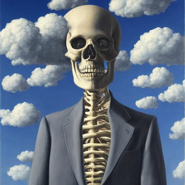 Prompt: portrait of a skeleton in a suit, clouds in the background, by rene magritte, detailed painting, distance, middle centered, hd, hq, high resolution, high detail, 4 k, 8 k