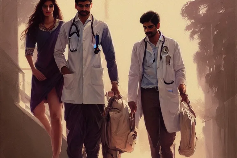 Image similar to Anxious good looking pale young Indian doctors wearing American clothes at the airport, portrait, elegant, intricate, digital painting, artstation, concept art, smooth, sharp focus, illustration, art by artgerm and greg rutkowski and alphonse mucha