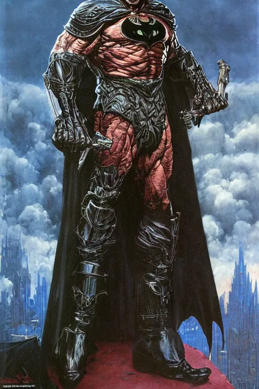Prompt: full length portrait of dorian yates as massive hulking dark evil batman juggernaut hybrid wearing cape and armour, by lawrence alma tadema and zdzislaw beksinski and norman rockwell and jack kirby and tom lovell and greg staples and michael alford