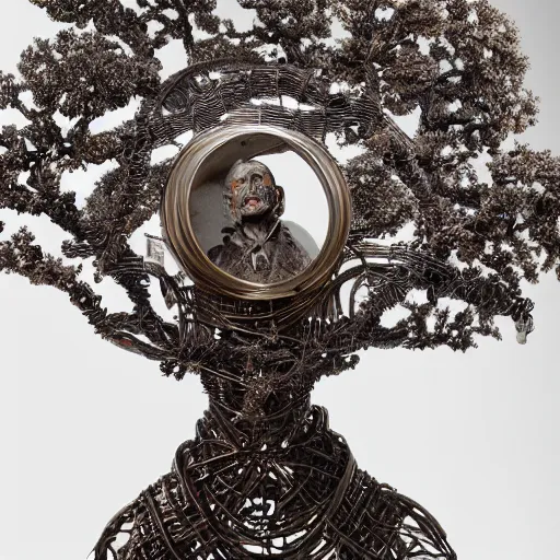 Prompt: a human man statue stuck in a cosmic tree, a sense of awe, amazement, monogon, plasma display, wooden, silver, mercury, damascus, armature wire, multiscopy, morph, in a symbolic and meaningful style, insanely detailed and intricate, hypermaximalist, elegant, ornate, hyper realistic, super detailed,