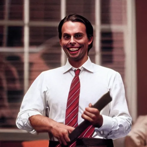 Prompt: Thierry Baudet grinning and holding a hatchet in the movie American Psycho