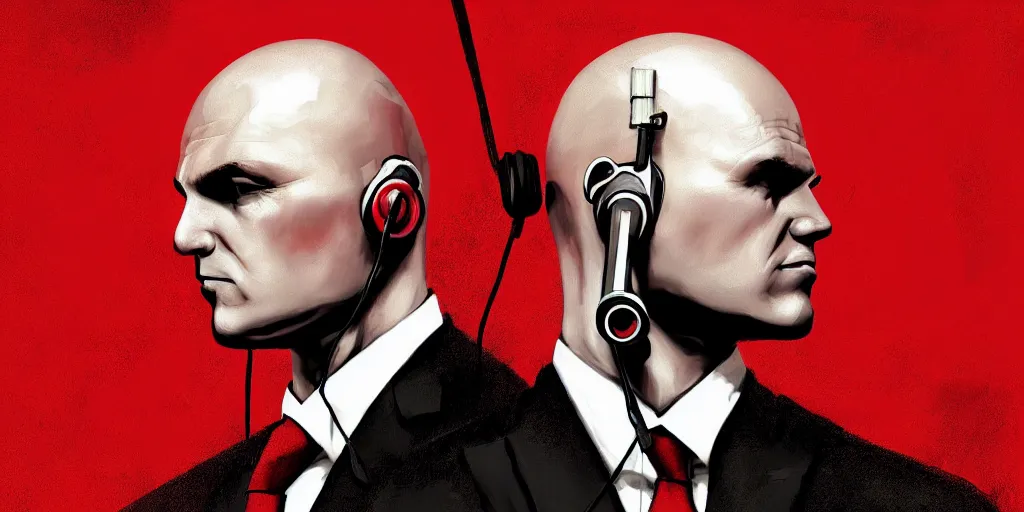 Image similar to a portrait of agent 4 7 from hitman wearing headphones listening to music, dark background, red rim light, smooth, sharp focus, art by ali kiani amin